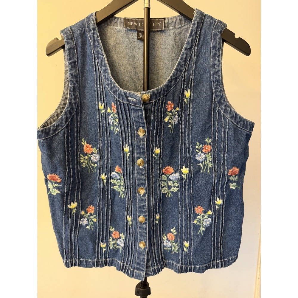 Vintage  New Identity Blue Denim Embroidered  Floral Vest